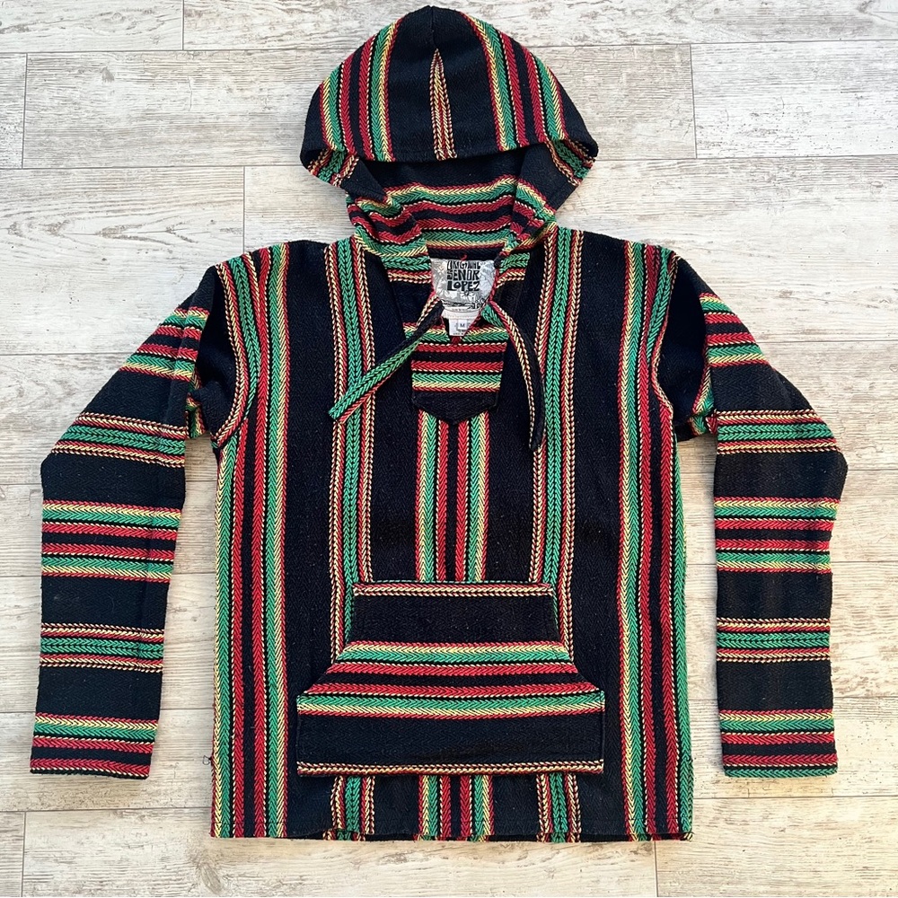 Original Senor Lopez Men's Baja Hoodie Black Woven Mexican Pullover Size M